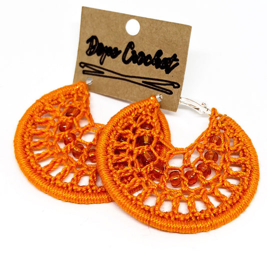 BEADED Orange Webbed Crochet Hoops