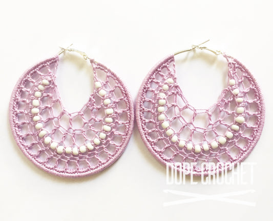 Lavender Beaded Crochet Hoops with White Beads