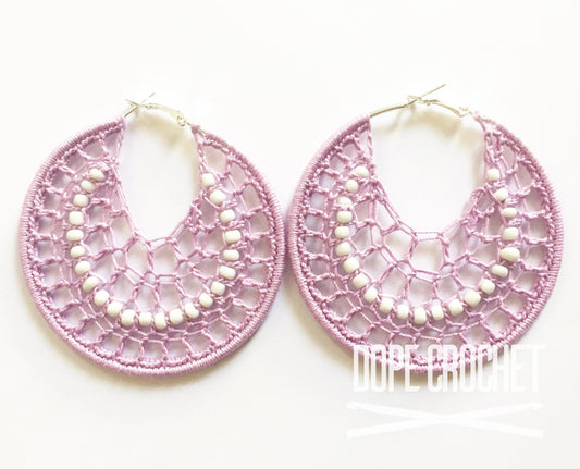 BEADED Lavender Crochet Hoops with White Beads