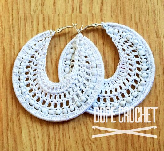 White Beaded Crochet Hoops
