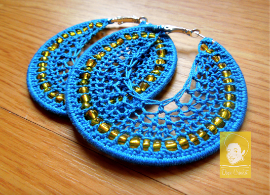 BEADED Blue Crochet Hoops with Yellow Beads