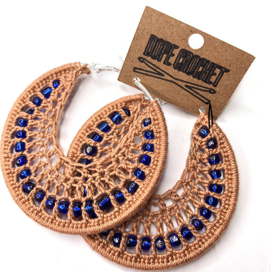BEADED Tan Crochet Hoops with Blue Glass Beads