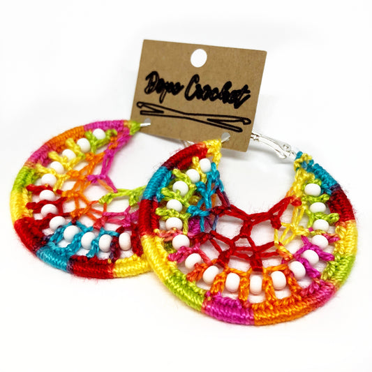 Bright Rainbow Beaded Webbed Crochet Hoops